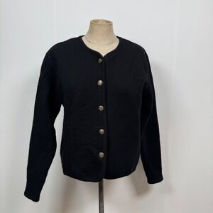 VTG Herman Geist PM Black Boiled 100 Wool Cardigan Gold Button Preppy Girl‎ Boss